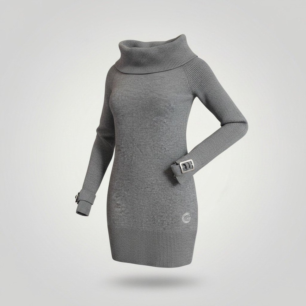 Guess Sweater Tunic Women XS Gray Cowl Neck Rhinestone Buckle Cuff Y2K Glam